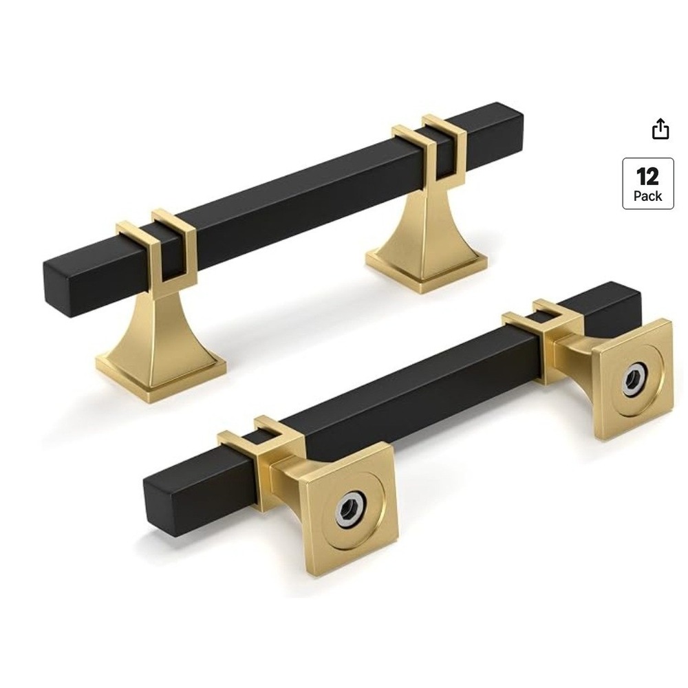 Set of 12 Black Gold Cabinet Drawer Pulls Square Bar 3" Modern Hardware NEW